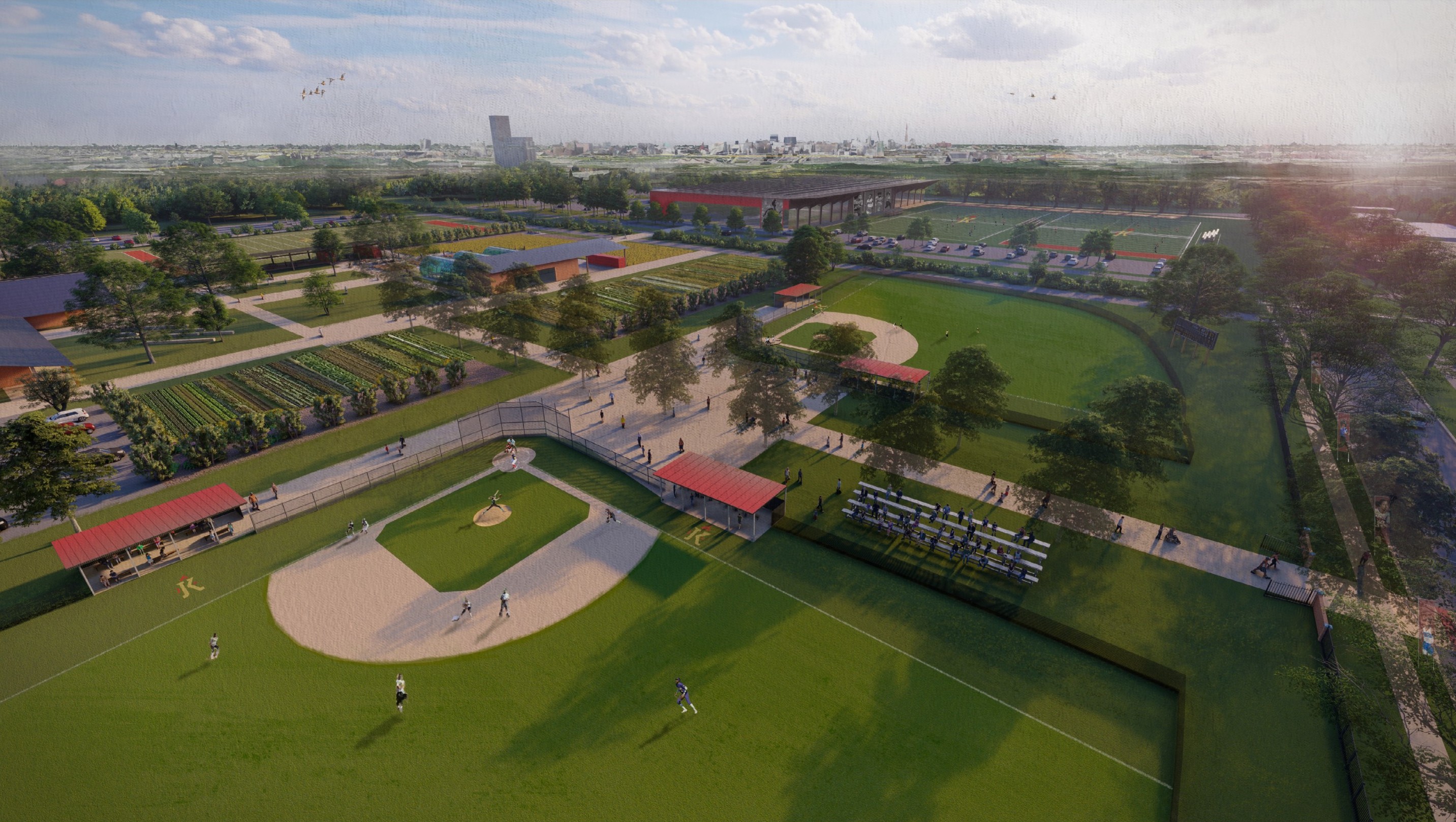rendering of an athletic complex with fields
