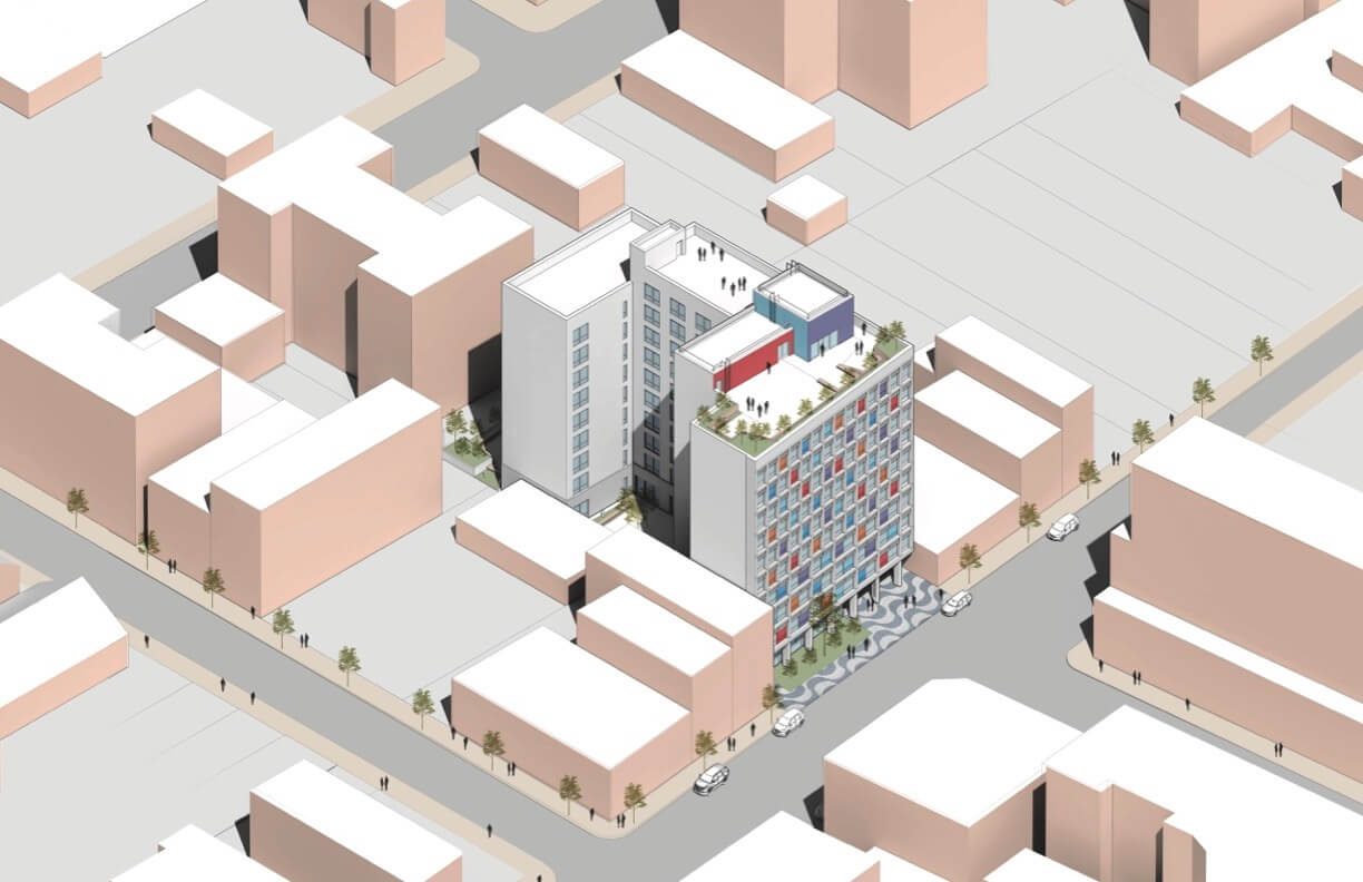 Isometric rendering of an apartment building within its block