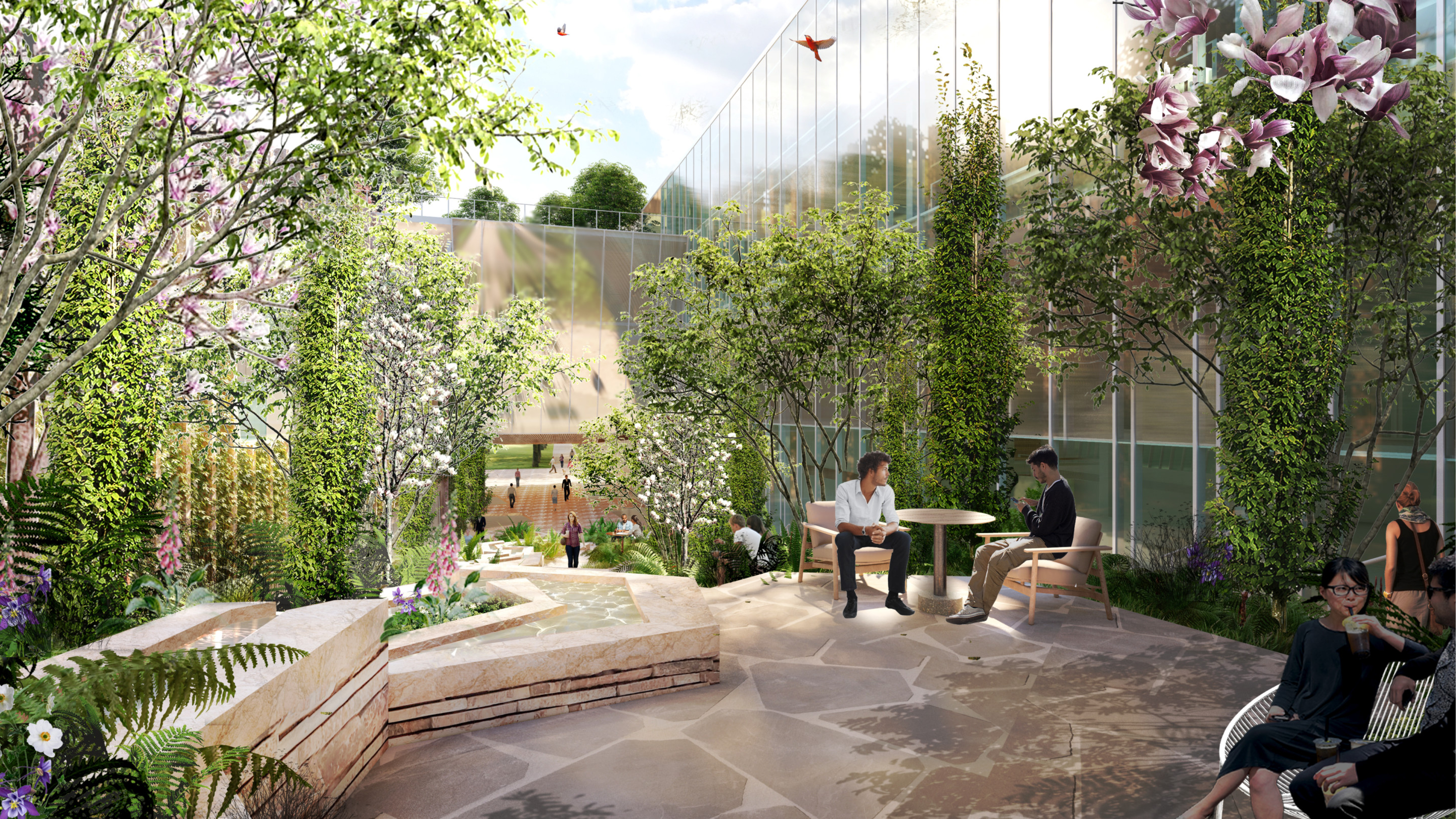 rendering of a cafe sit within a lush rooftop garden