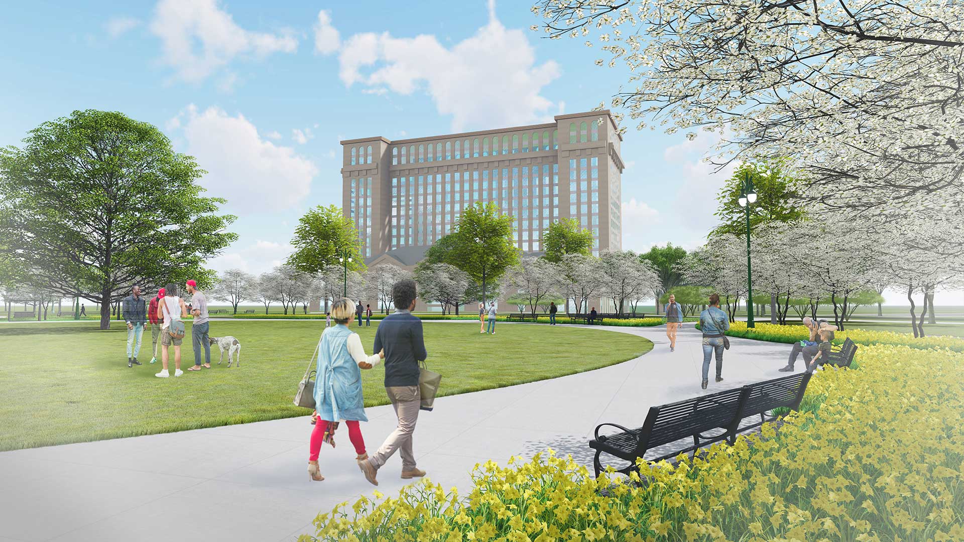rendering of a park with detroit's michigan central station in the distance