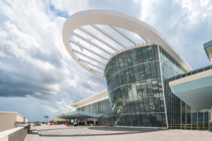 a curbside curtainwall feature at an airport