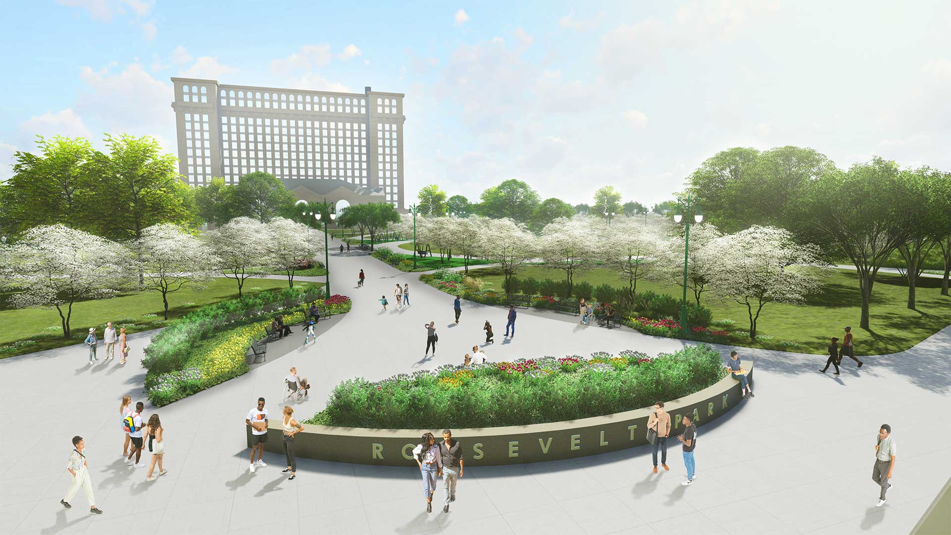 rendering of a park with detroit's michigan central station in the distance