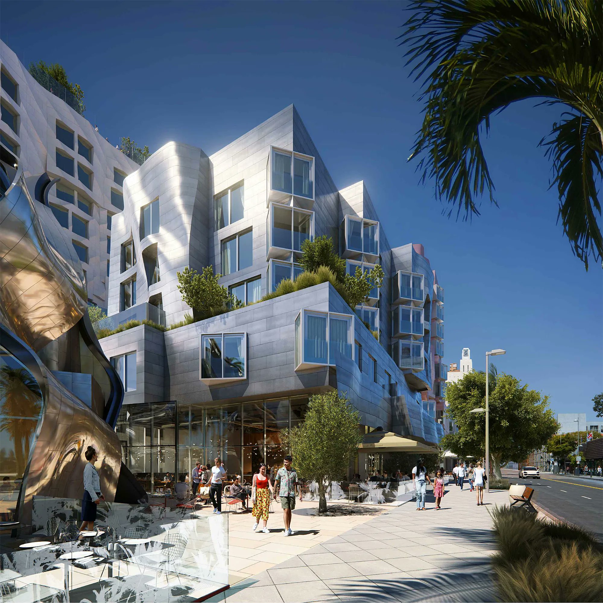rendering of a beachfront gehry building in santa monica