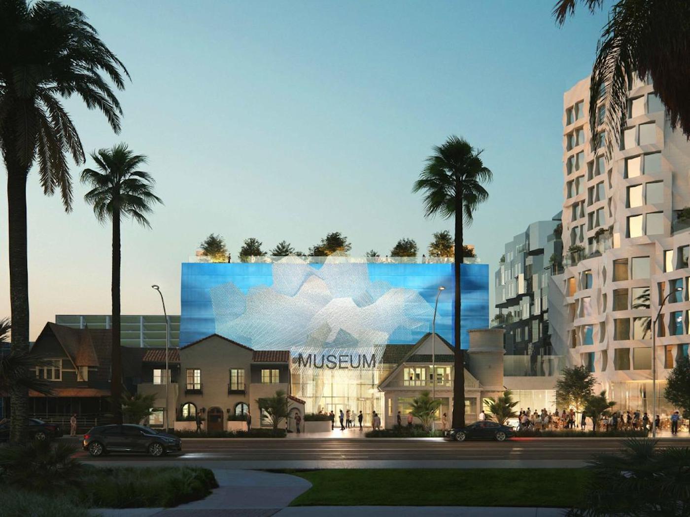 rendering of a museum complex flanked by palm trees