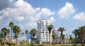 rendering of a beachfront building designed by frank gehry