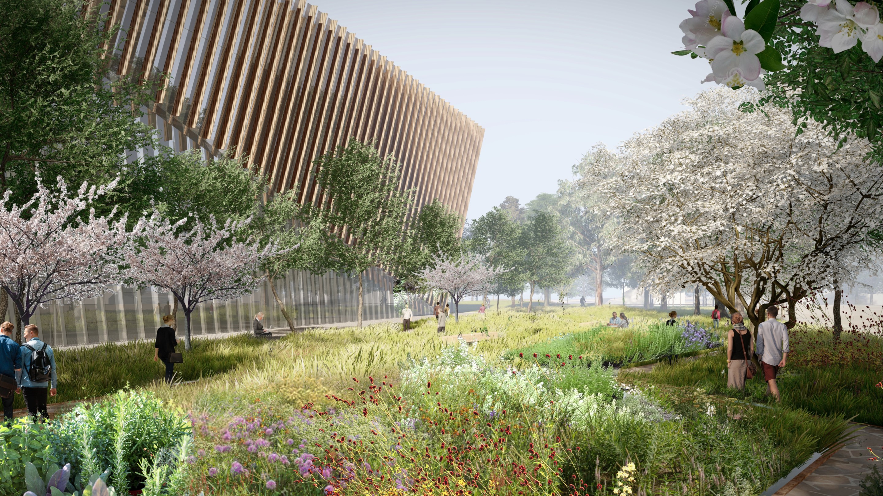 rendering of lush healing gardens next to a large building