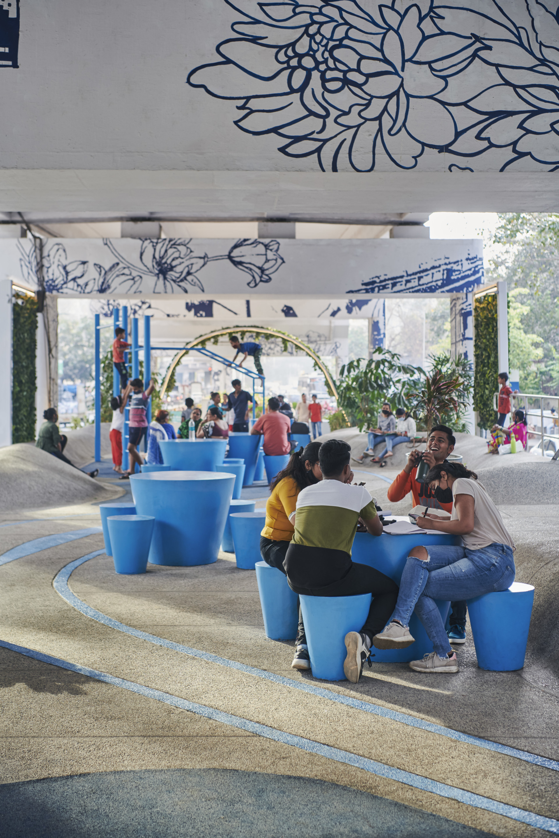 a community space beneath an elevated highway