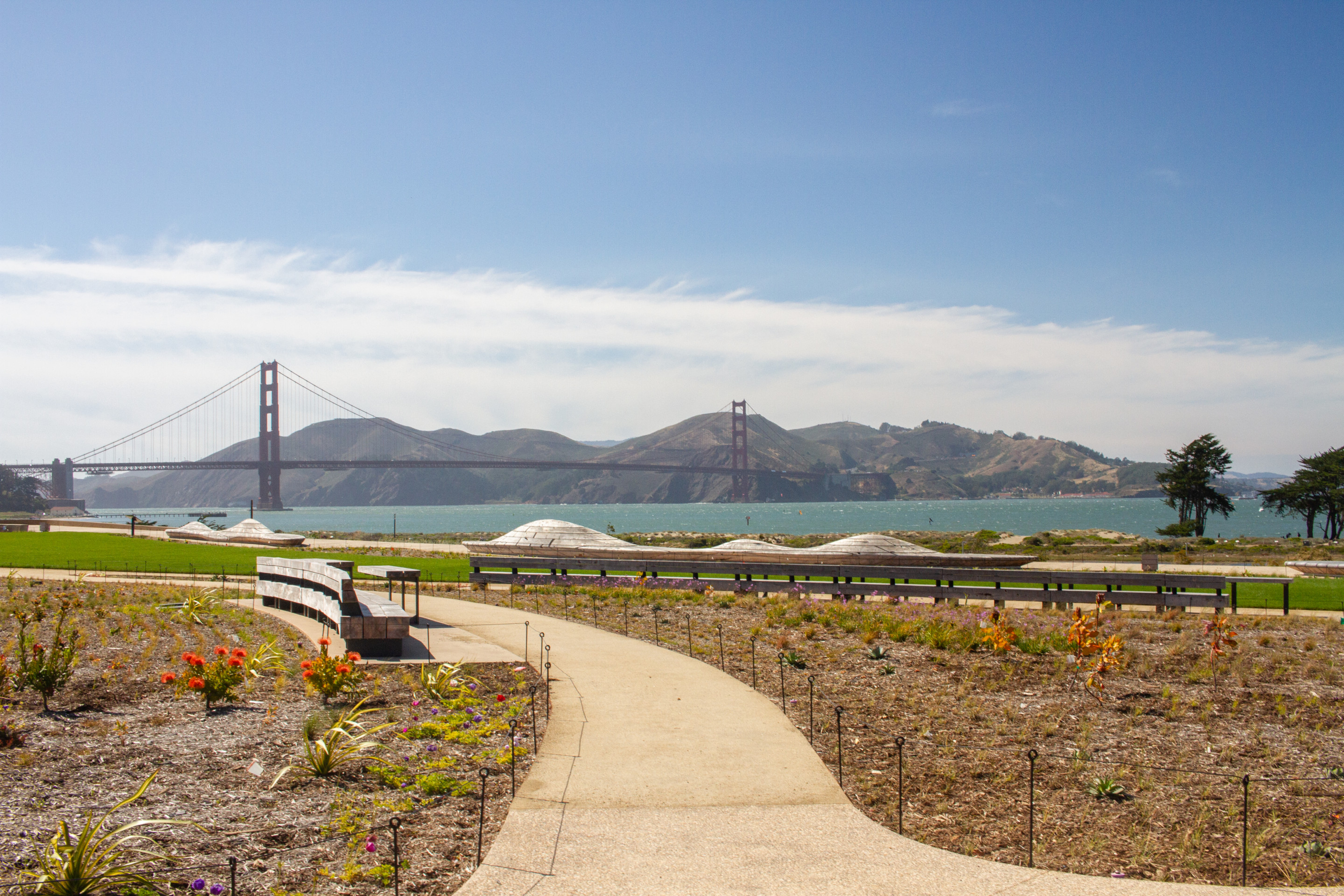 view of the golden gate bridge from a path in the park