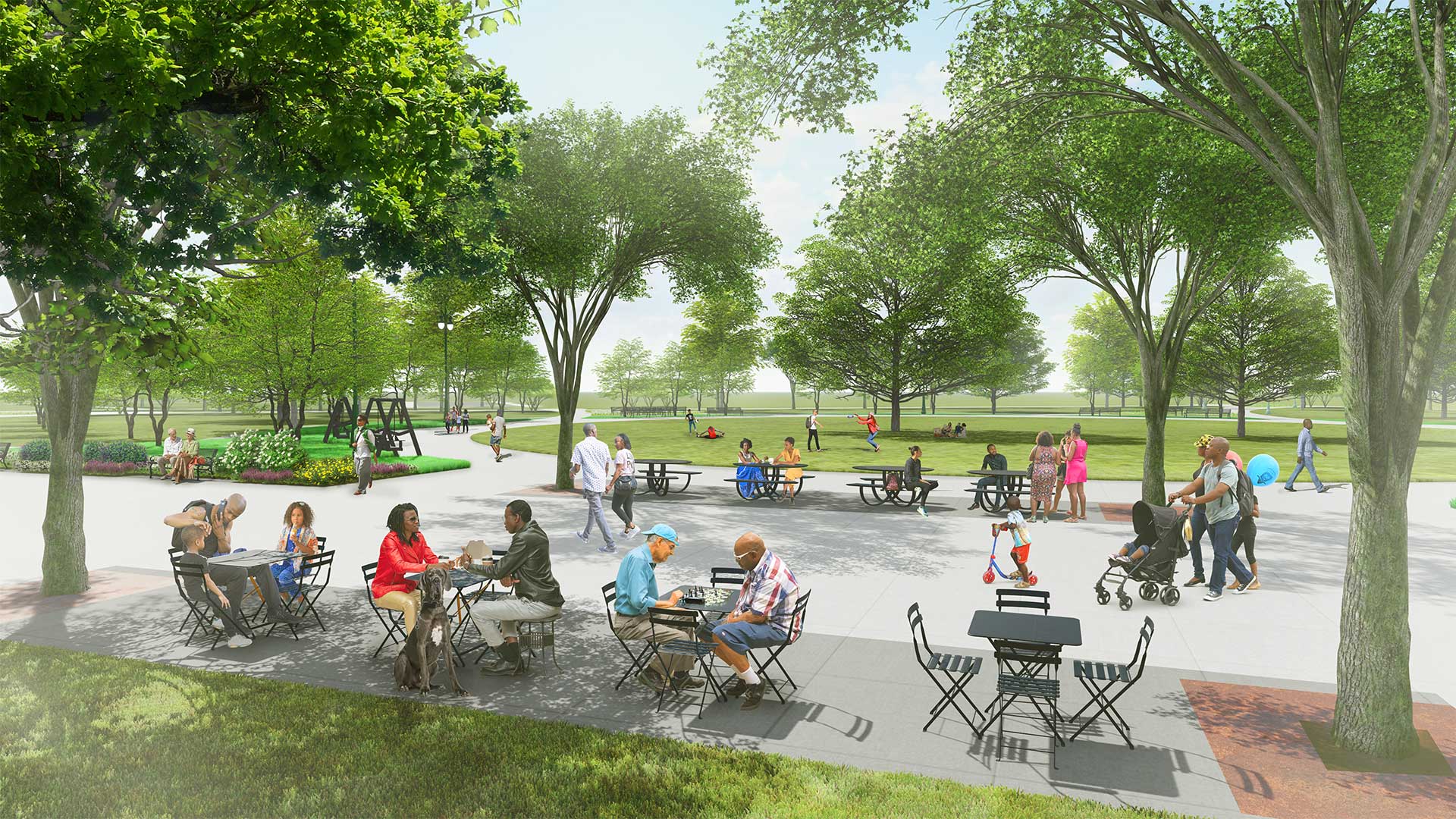 rendering of a plaza at a park outfitted with tables and chair
