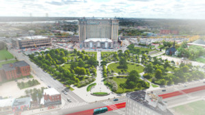 rendering of detroit's roosevelt park with michigan central station in the distance