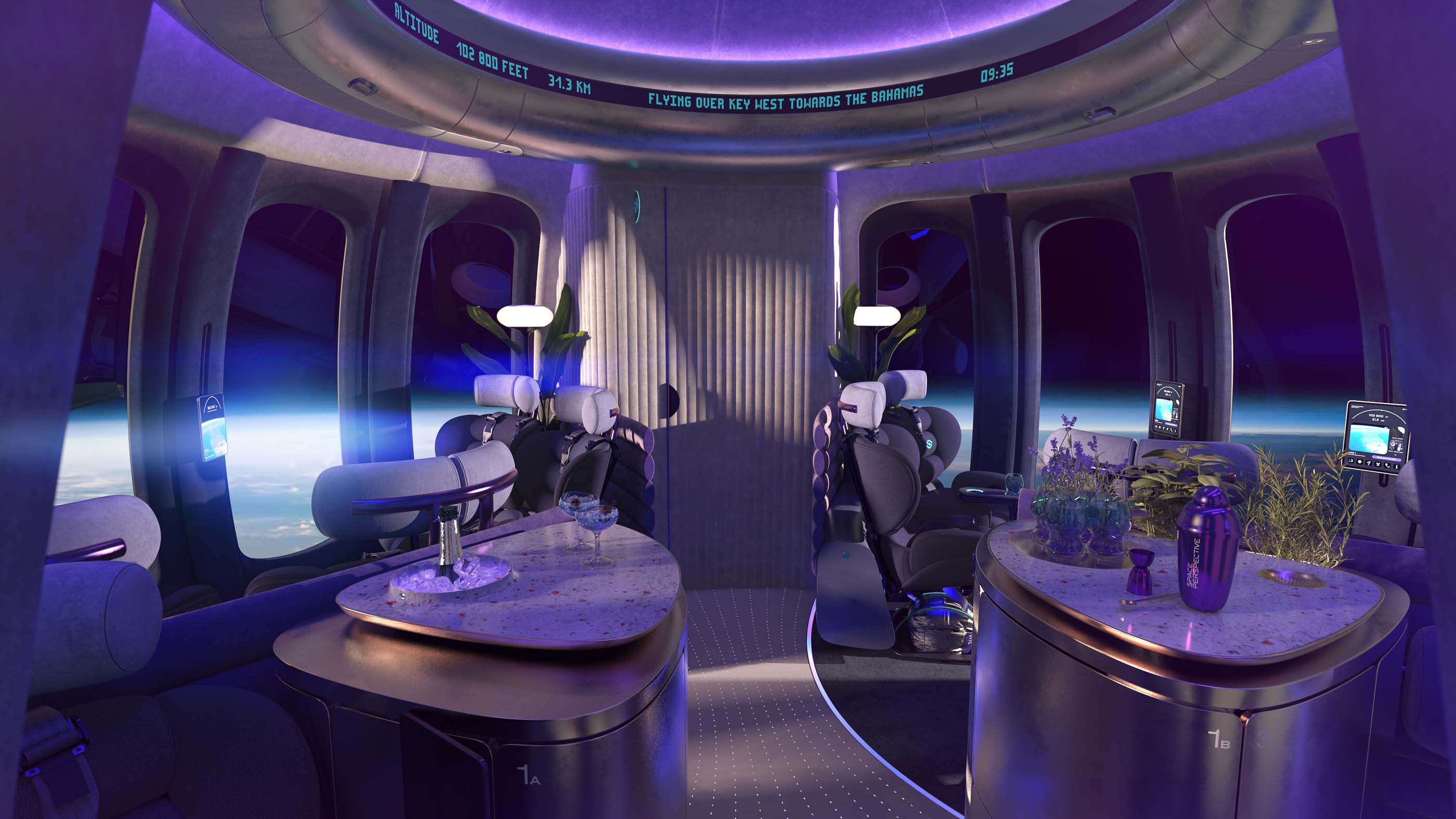 inside space craft with bars and passenger chairs