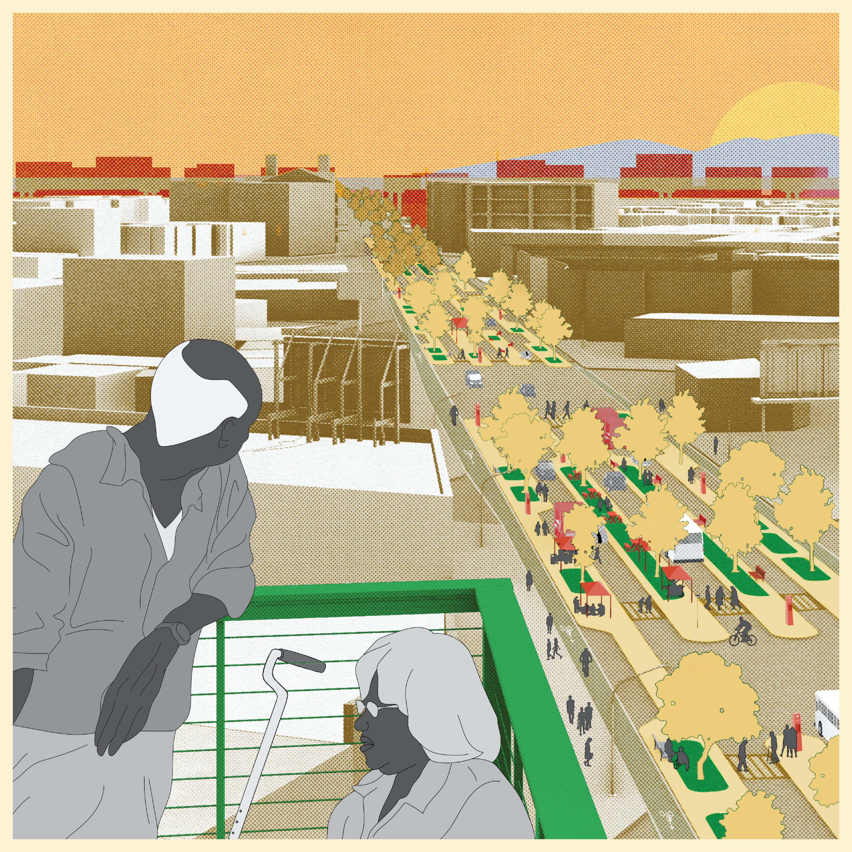 illustration of elderly people socializing on a roofdeck overlooking a city