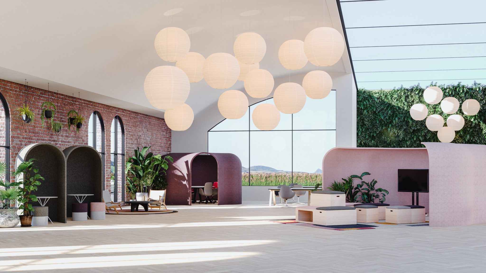 round light fixtures and pink furnishings