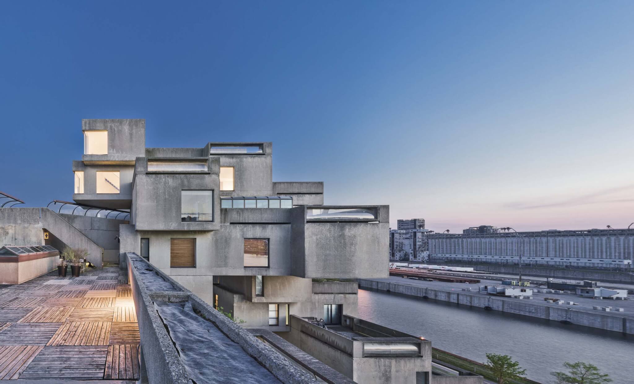 view of habitat 67 modules lived in by moshe safdie