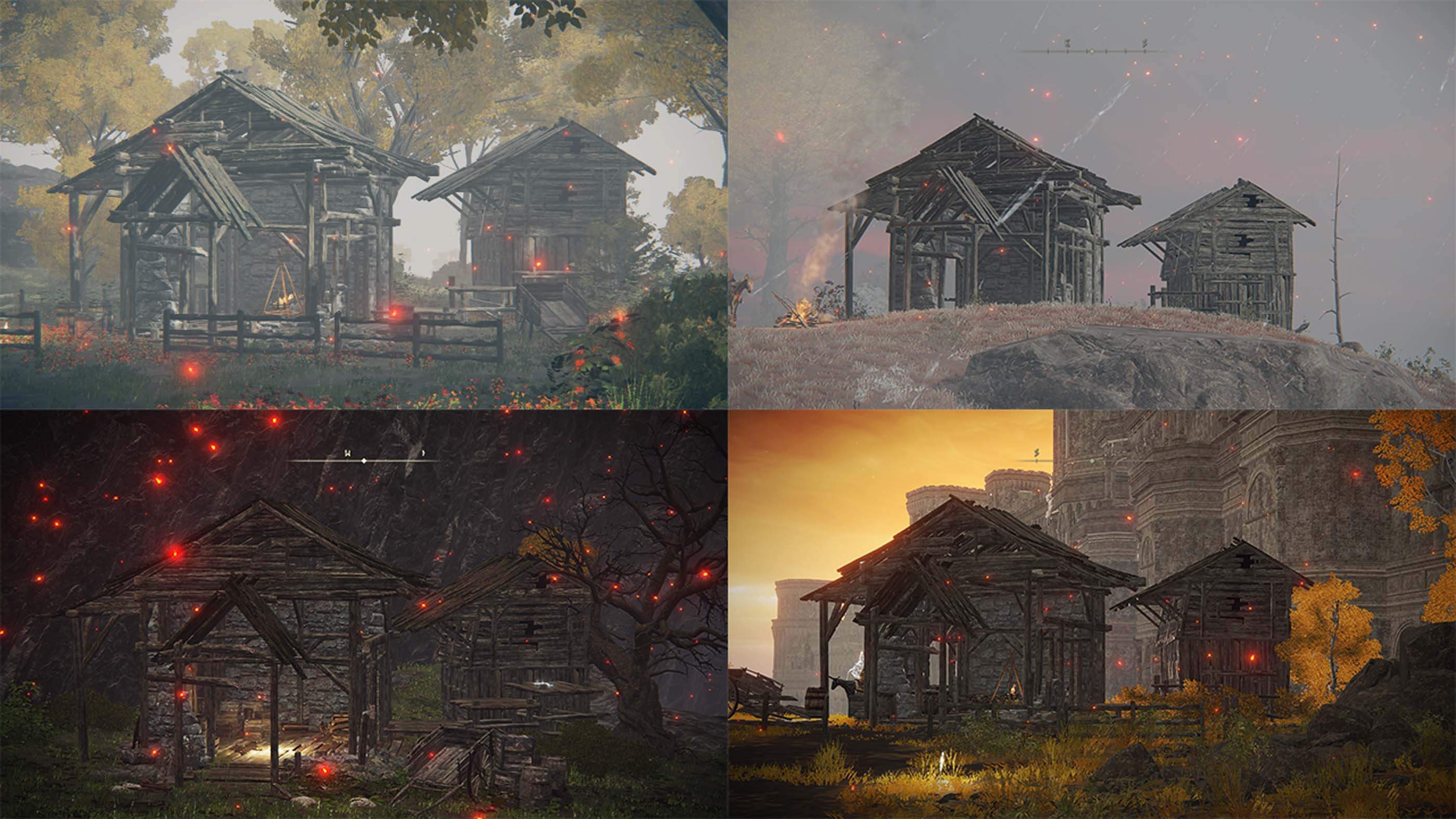 video game screenshots of wooden shacks