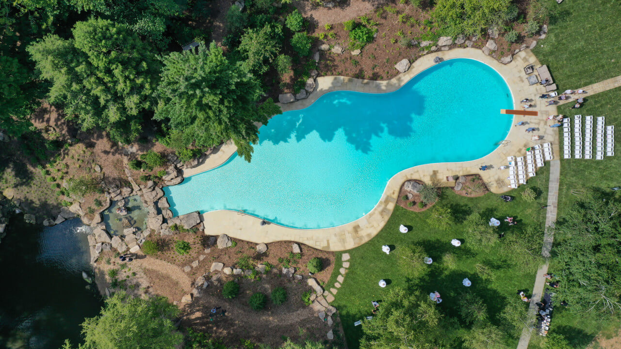 aerial view of a kidney-shaped swimming pool