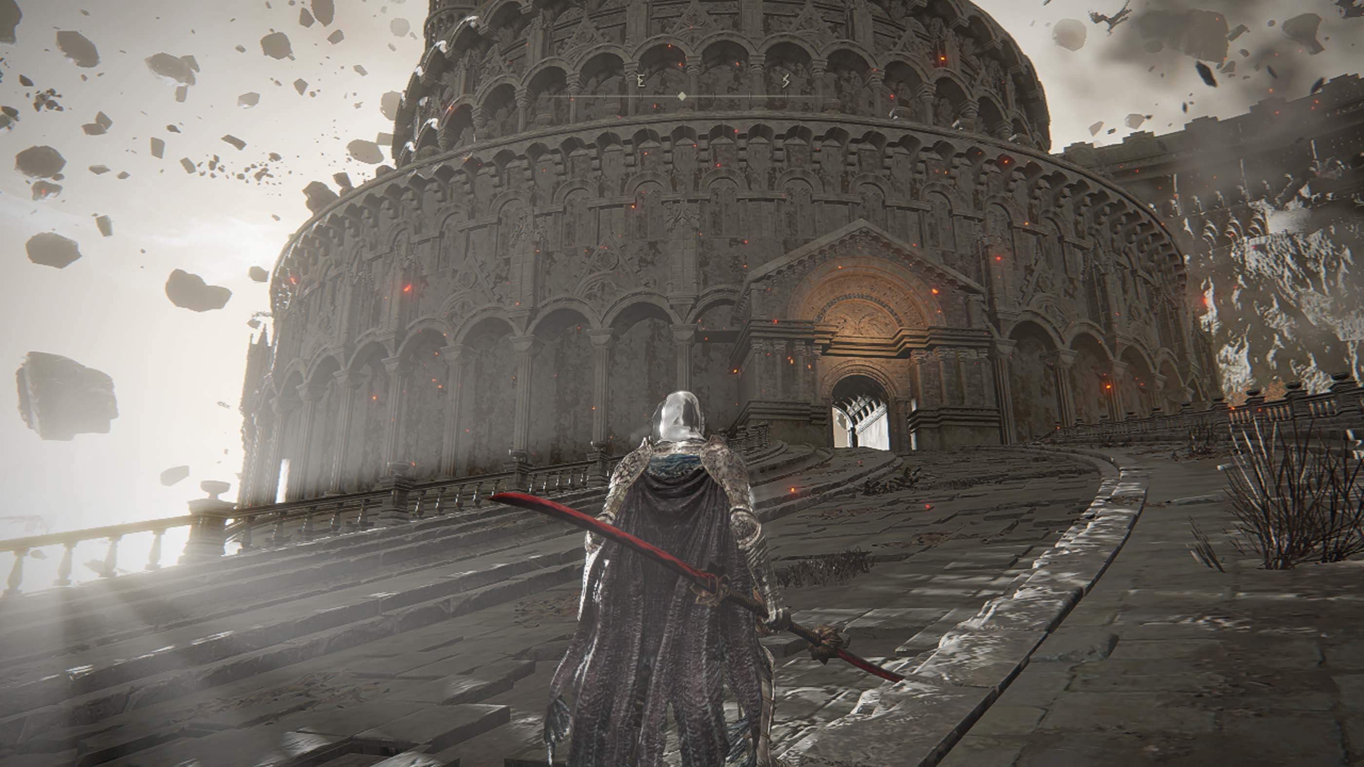 video game view cloaked character in front of domed building