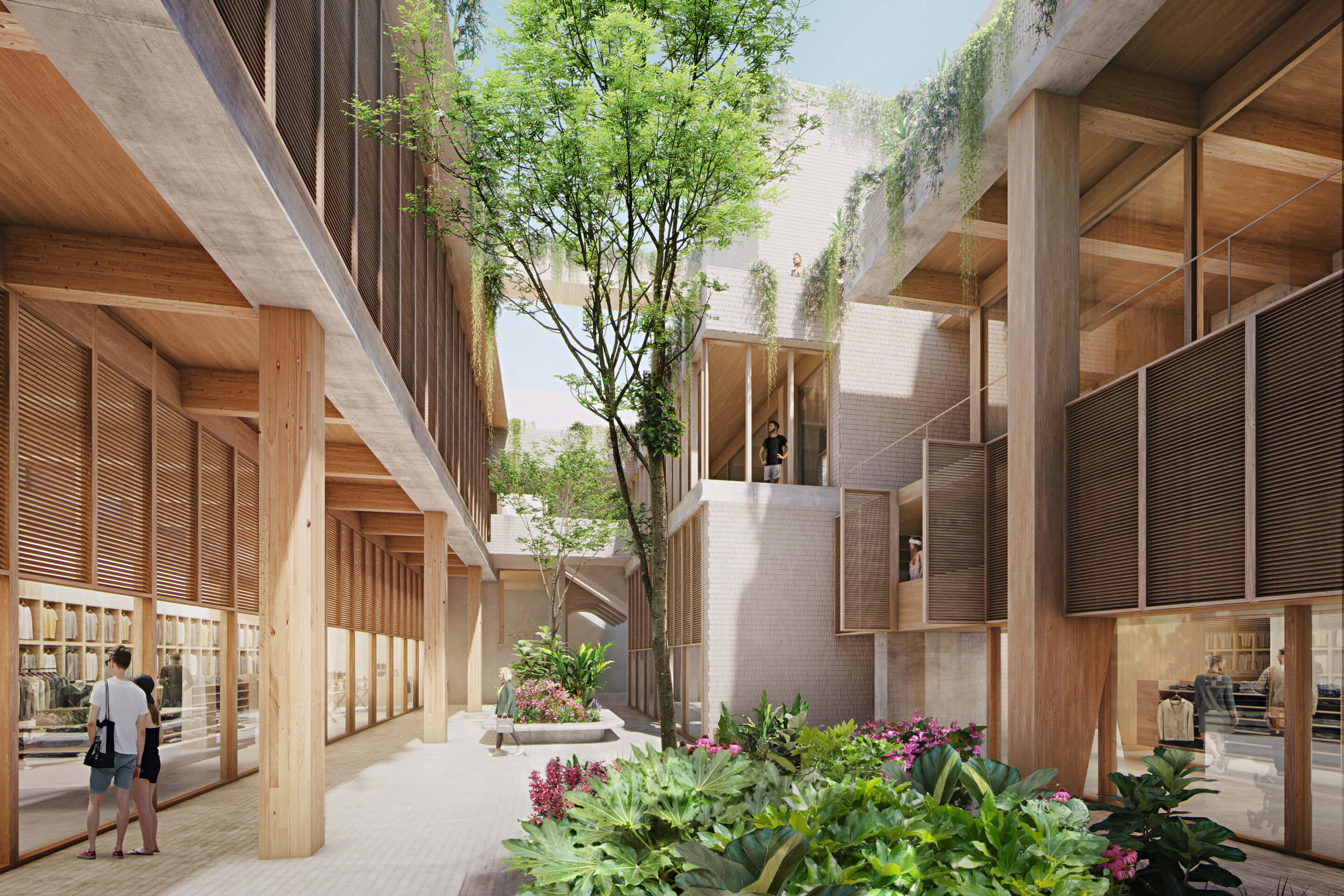 rendering of a leafy courtyard surrounded by timber buildings