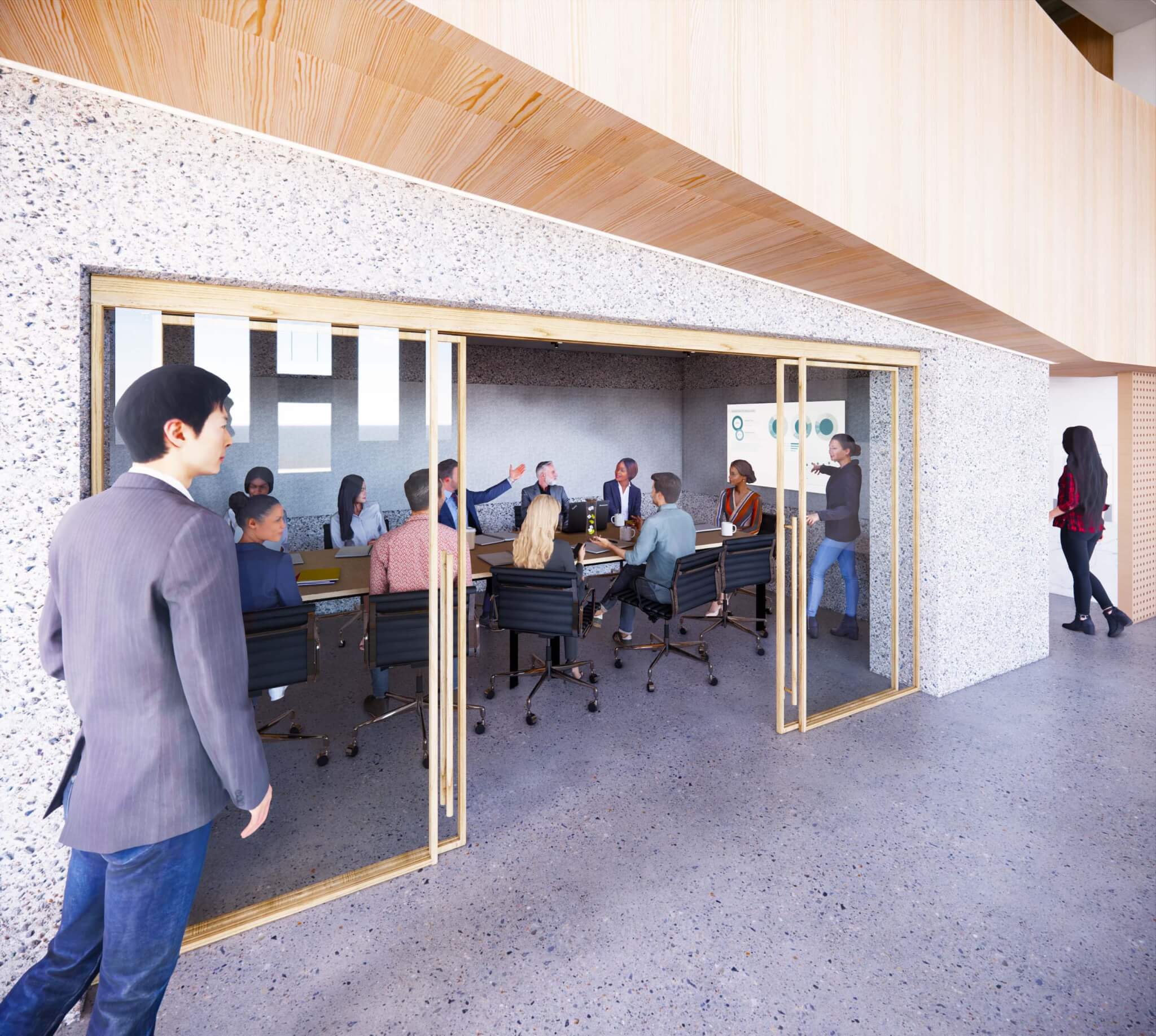 conference room with glass doors and wood frame