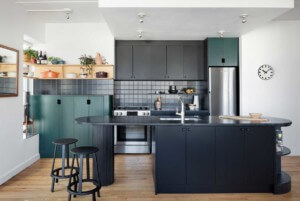 teal and black kitchen cabinets and hardware