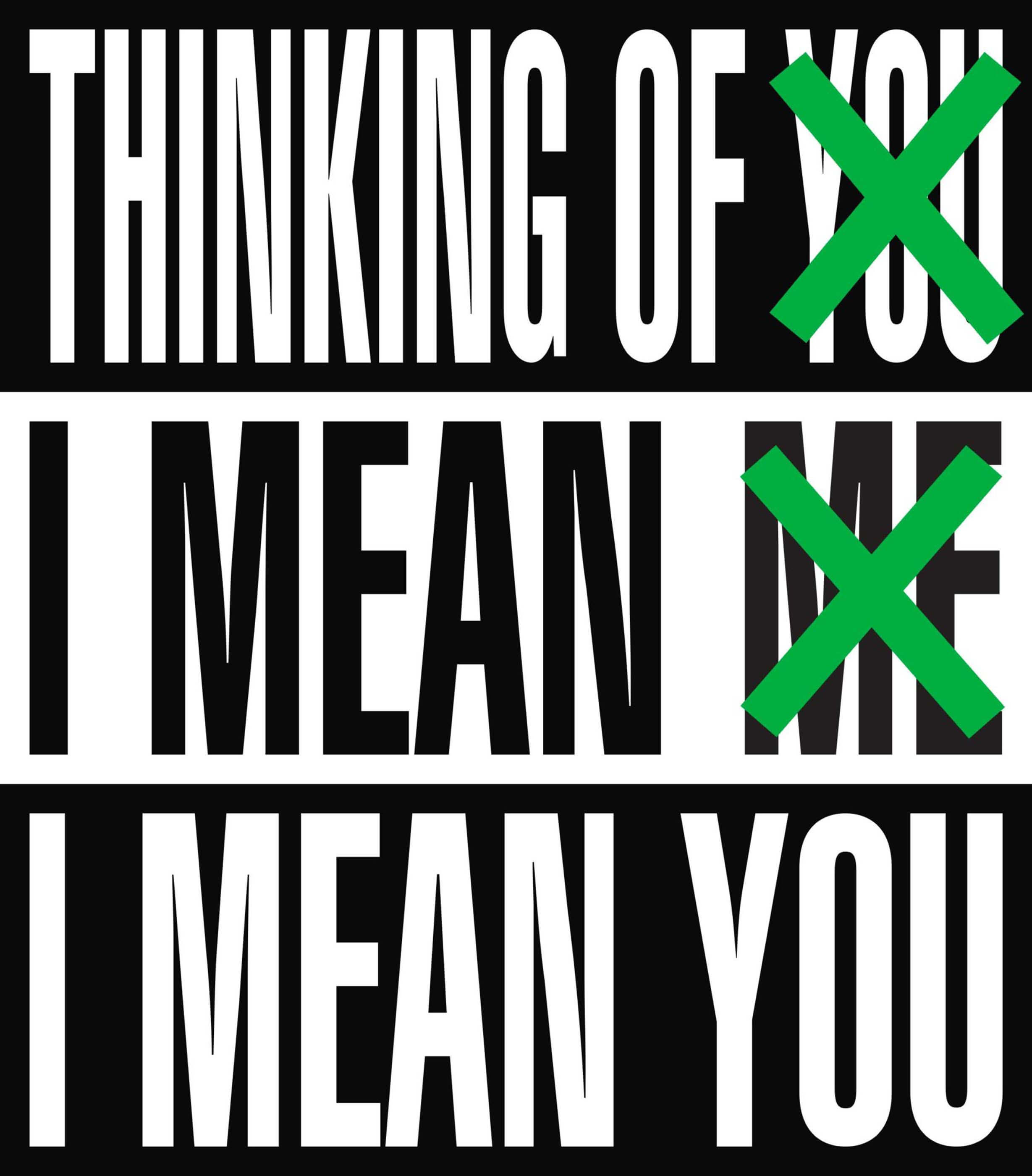 black and white poster with green x's