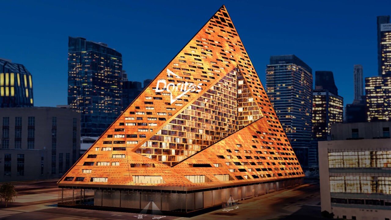 triangle building glowing orange