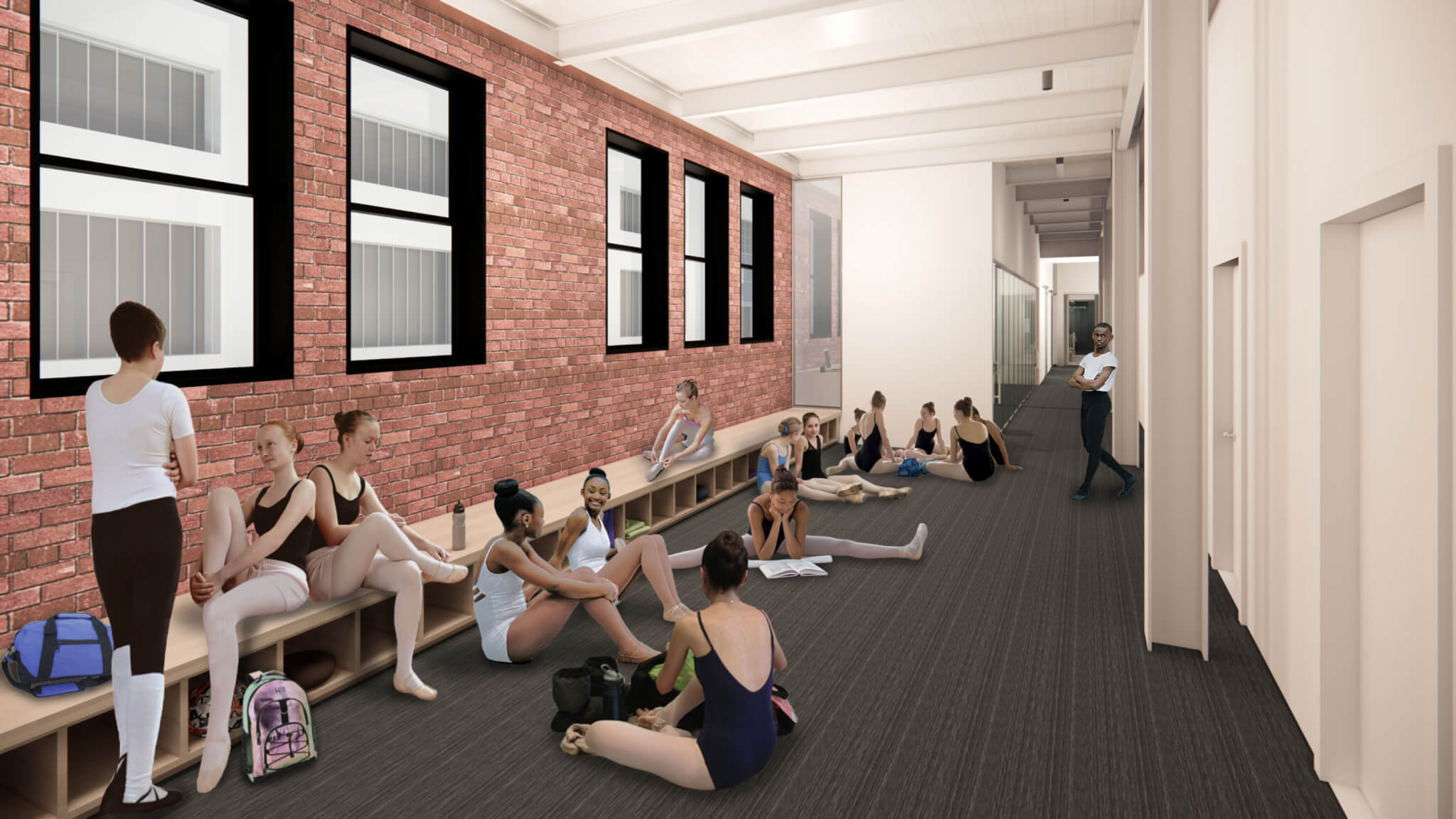 rendering of ballet students hanging out in a lounge area