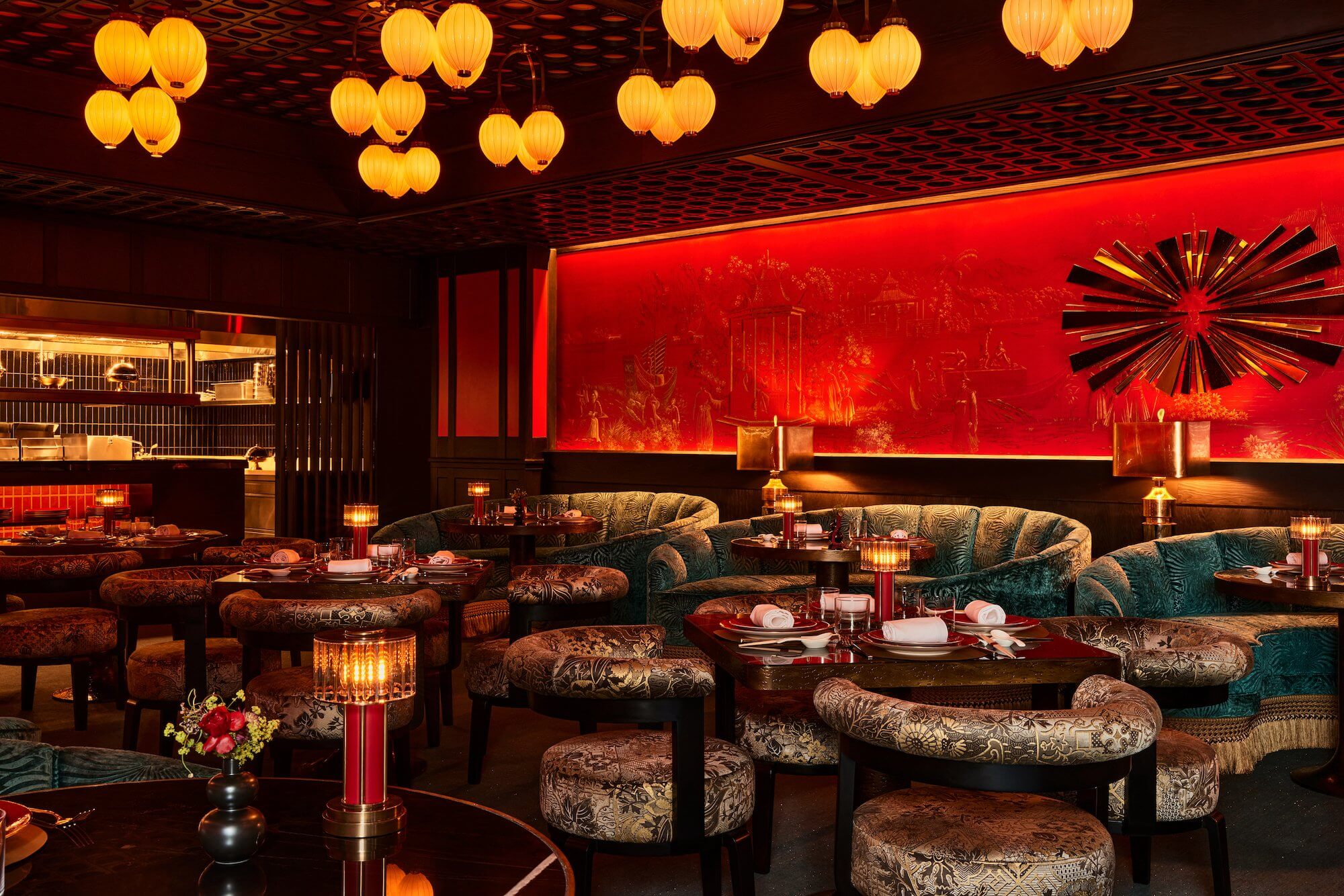 a moody, retro-inspired dining room in a chinese restaurant