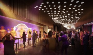 rendering of a clubby hospitality space at an arena