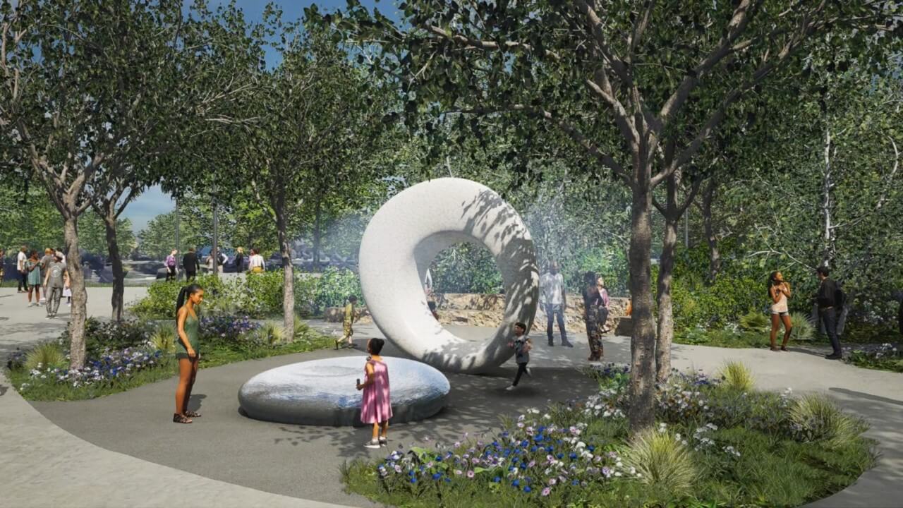 rendering of a tranquil park with a large water feature