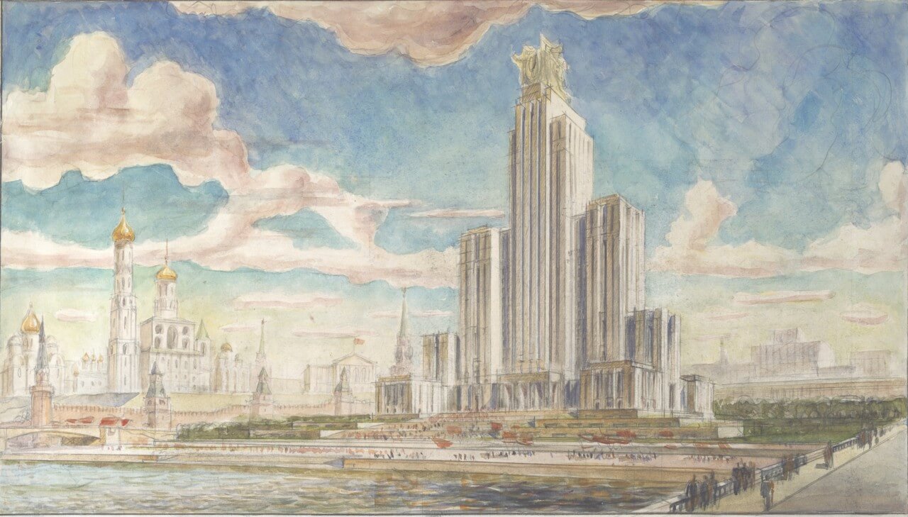 an illustration of a never-built soviet building