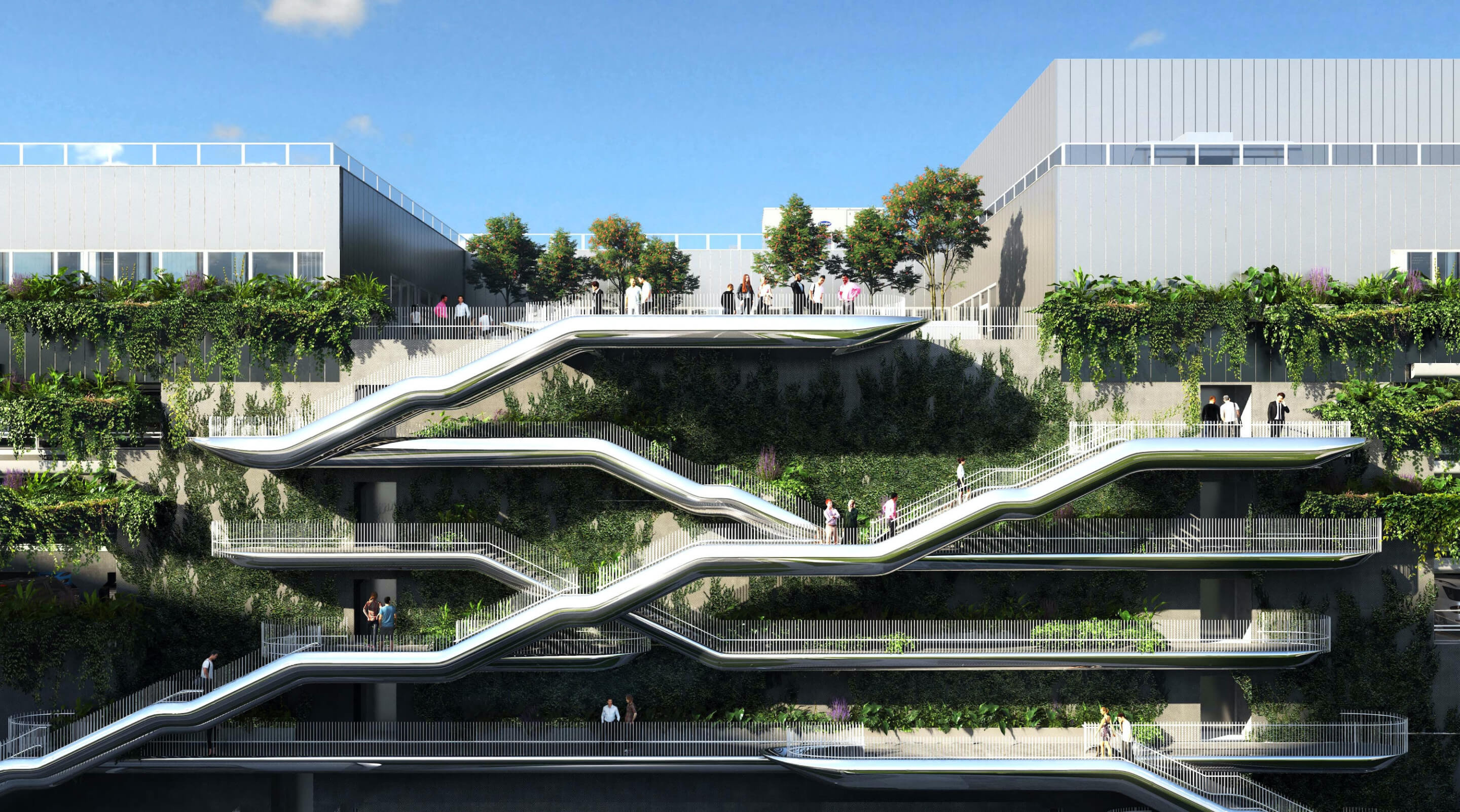 rendering of a large building covered in plants with exterior escalators