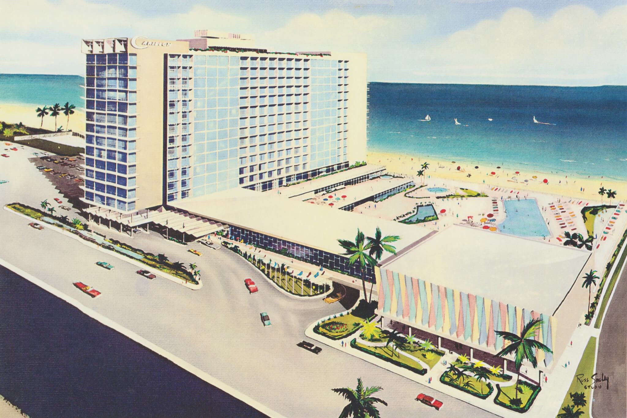 illustration of an oceanfront resort in miami beach in the 1950s