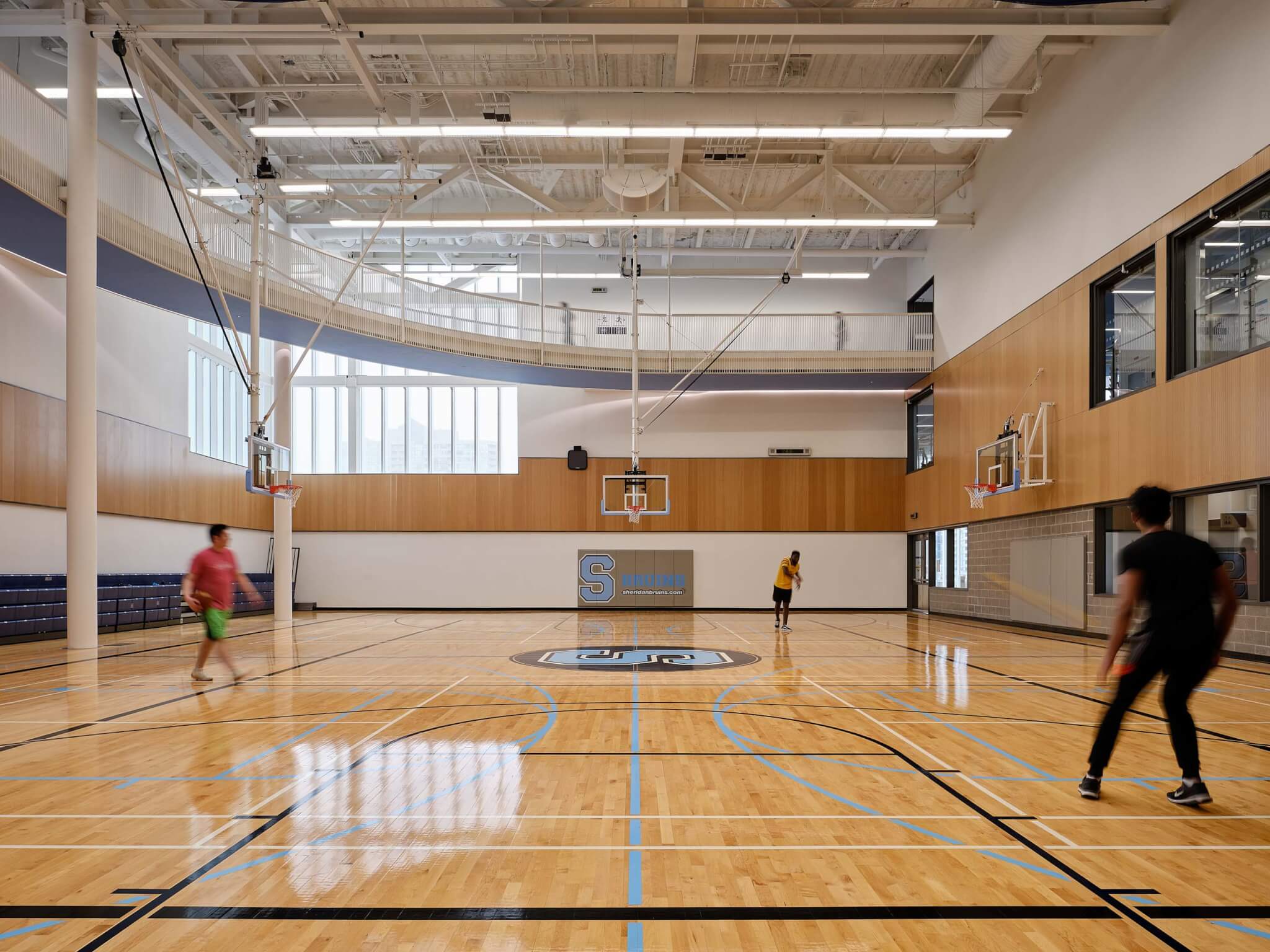 basketball court with suspended walkway