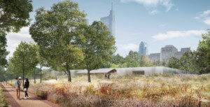 rendering of a large wildflower garden with the philadelphia skyline in the distance