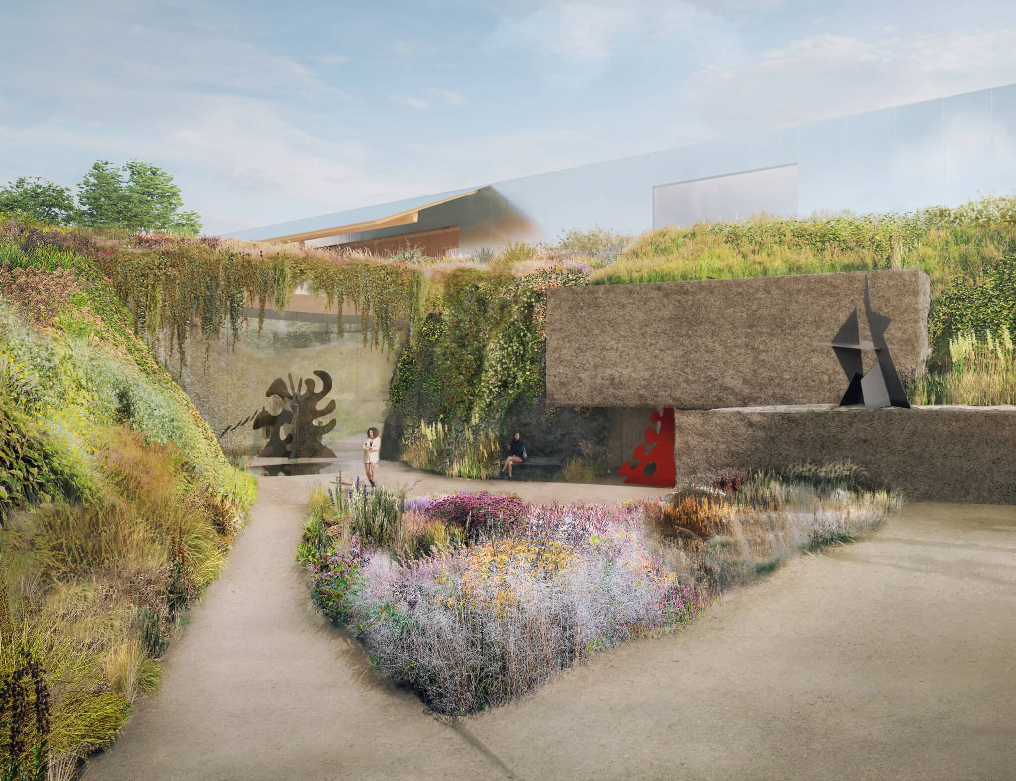rendering of a lush, naturalistic garden with sculptures