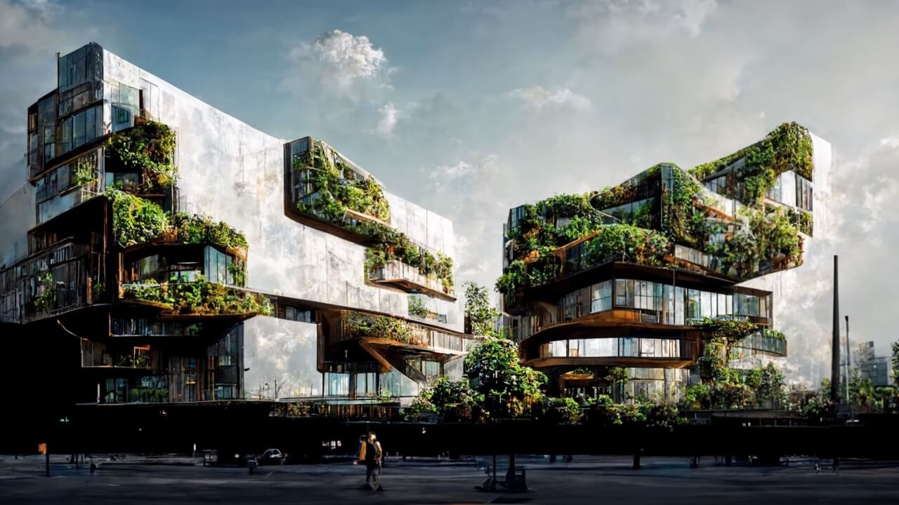 a plant-shrouded building created on AI