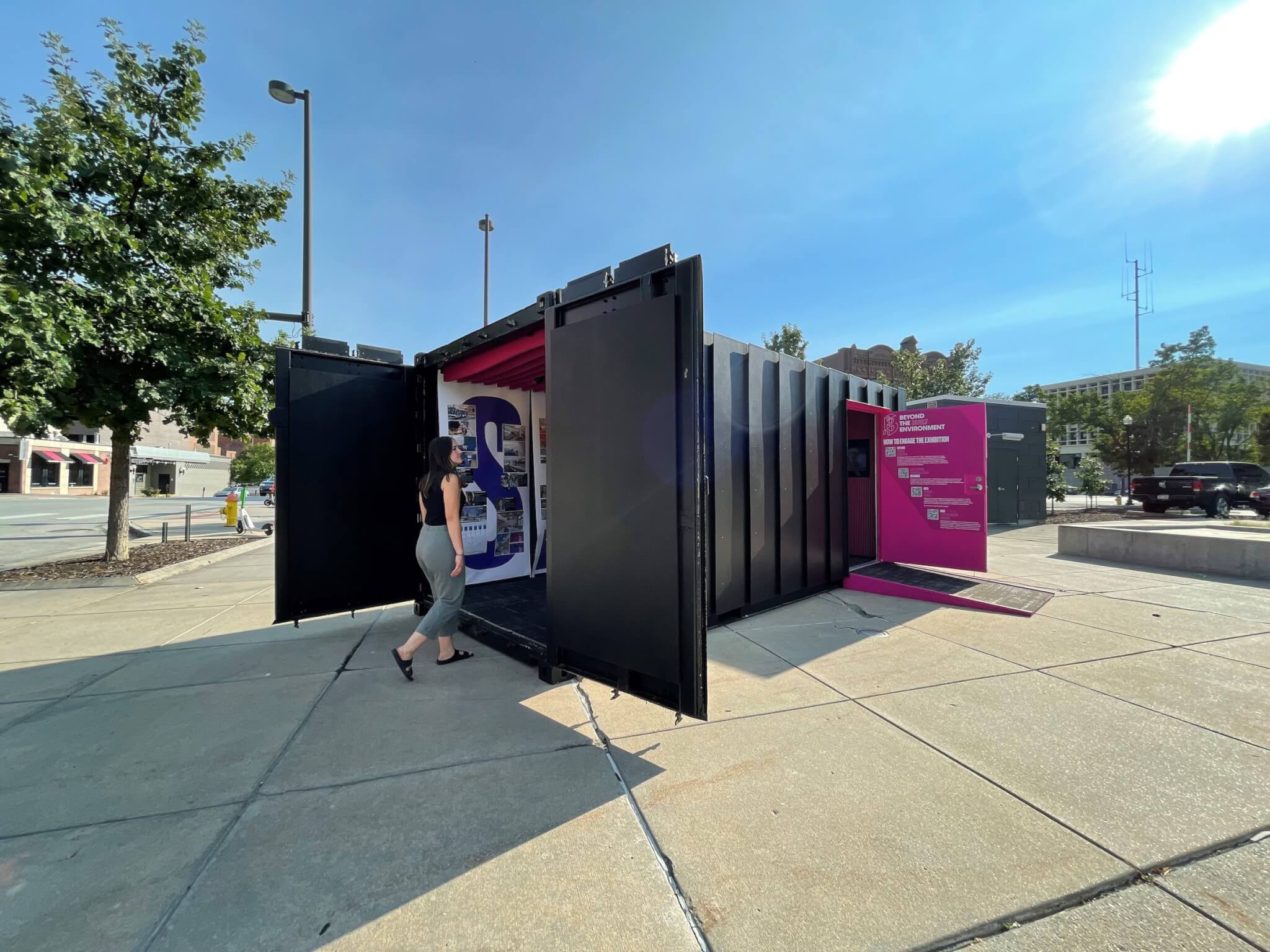 a pop-up design exhibition in a shipping container
