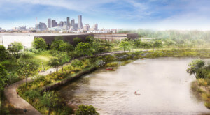 rendering of trail system along a bayou outside of downtown houston