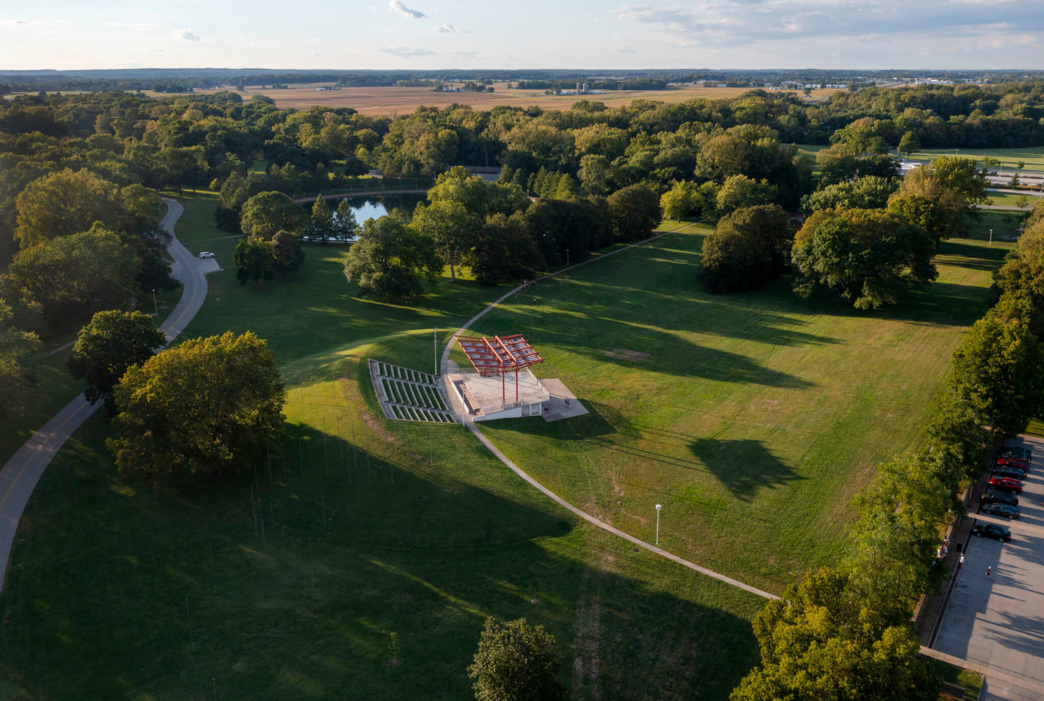 aerial view of mill race park in columbus, indiana