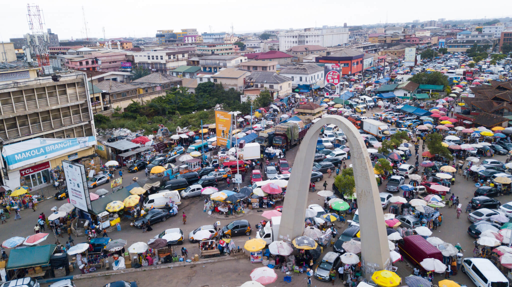 overhead view of a crowded outdoor market in accra