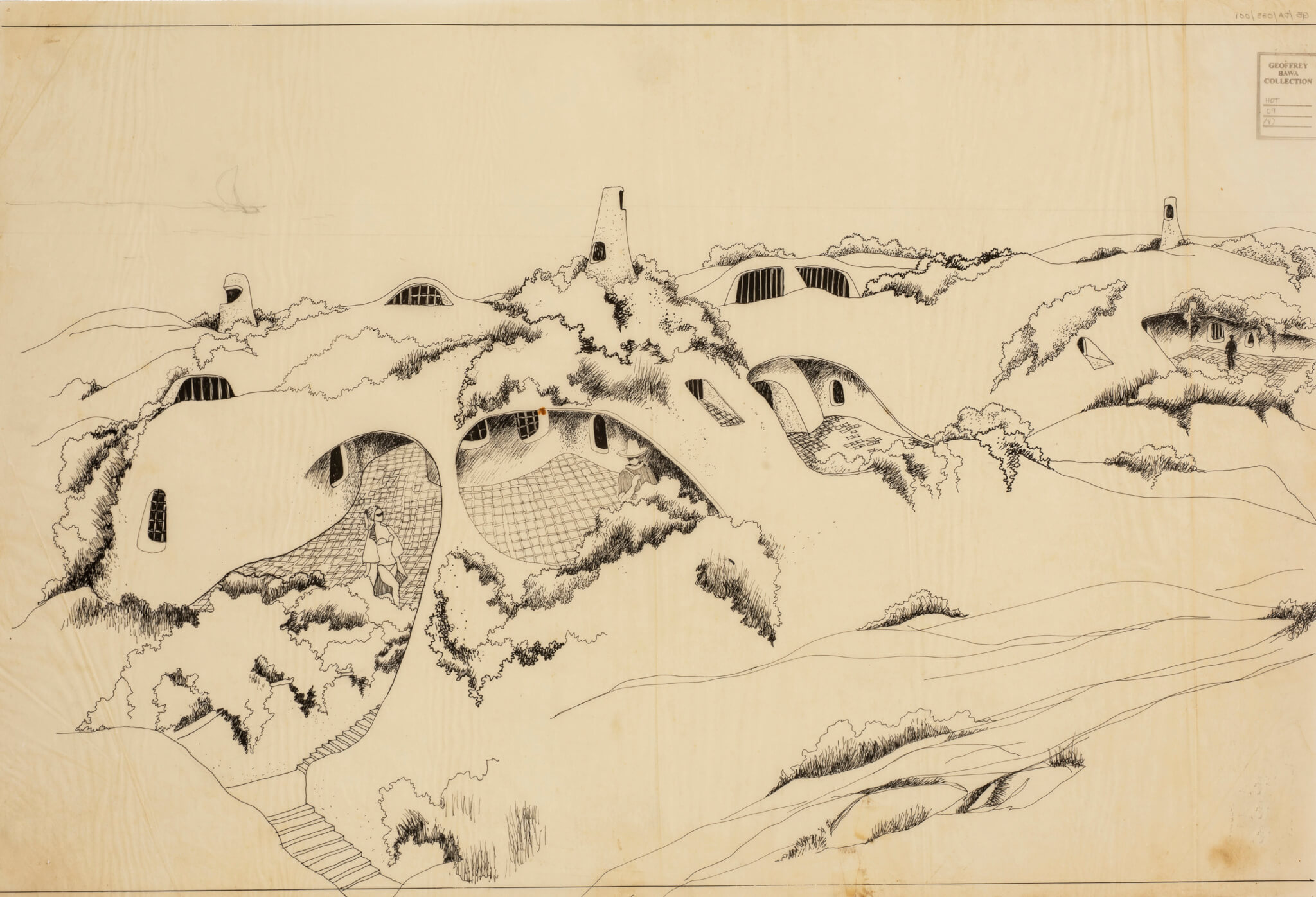 architectural sketch of a building nestled within a sand dune