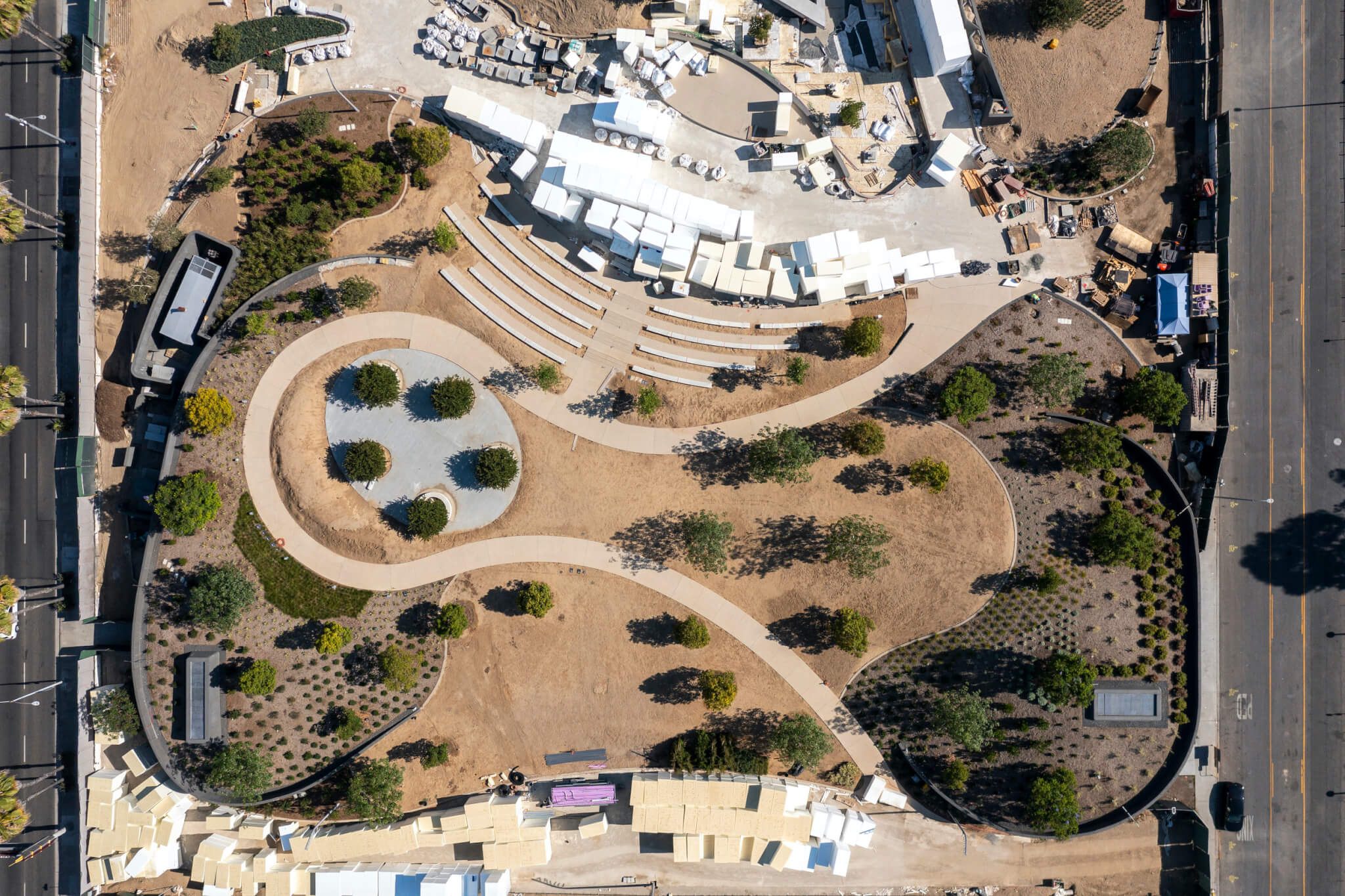 Aerial view of the park area on a museum campus