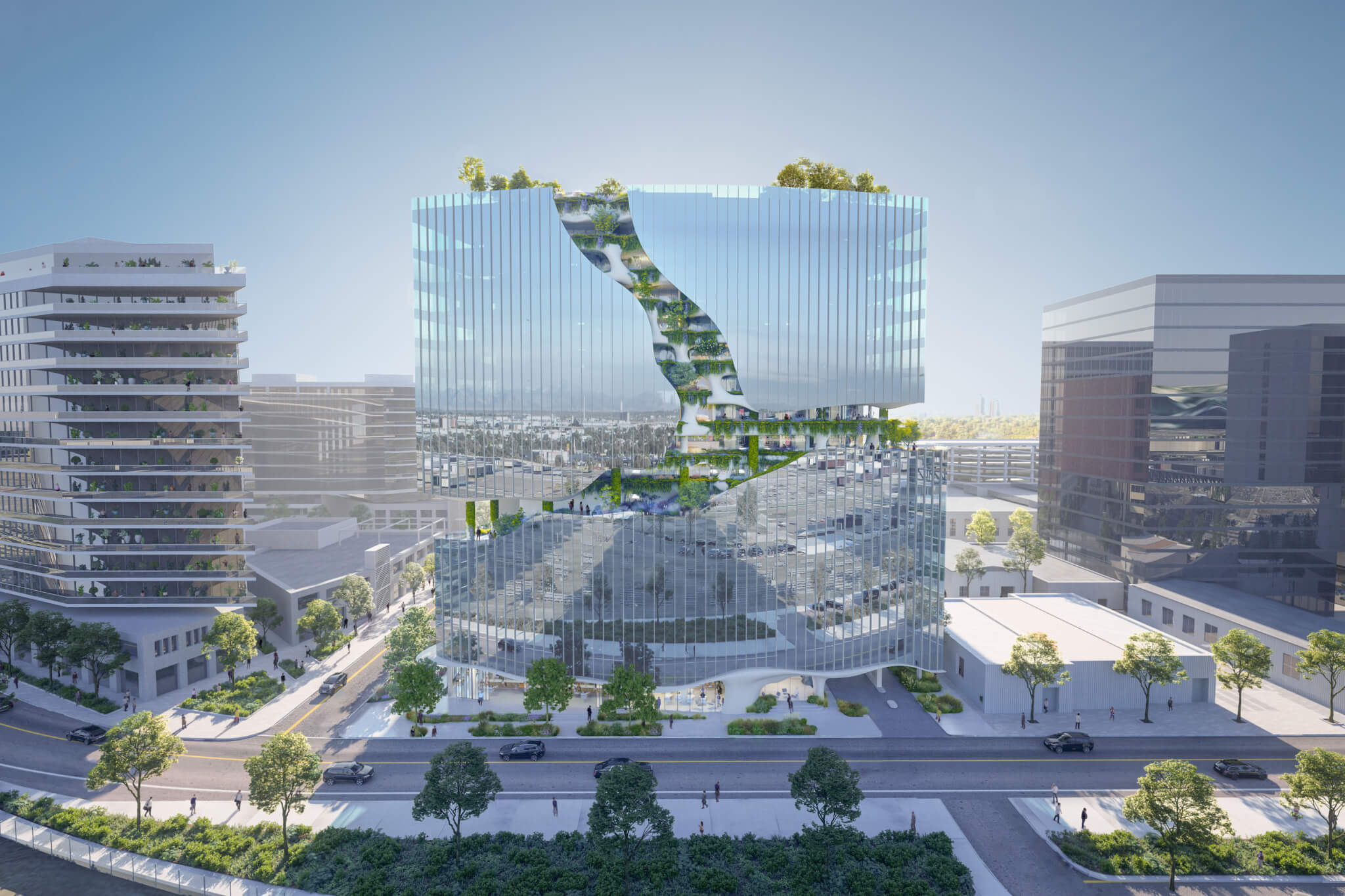 rendering of a glazed building with a "green" canyon