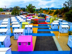 overhead view of a colorful tiny house village