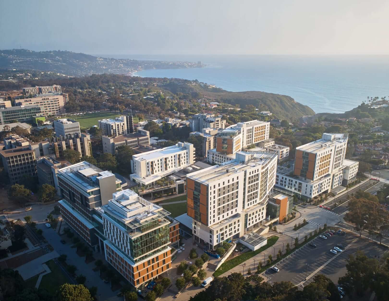 aerial view of an academic complex near the ocean