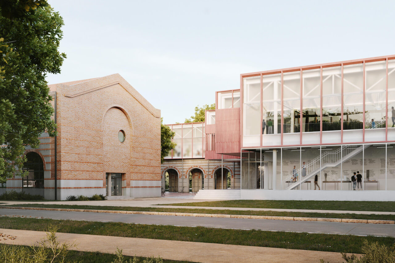 a new glass and terra-cotta addition rises next to an existing brick building on the campus of Rice University