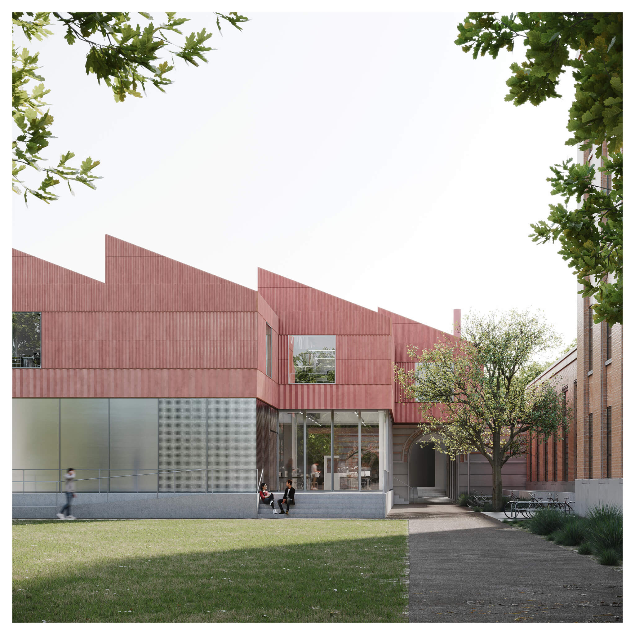 a terra-cotta–clad extension to a brick building at Rice University