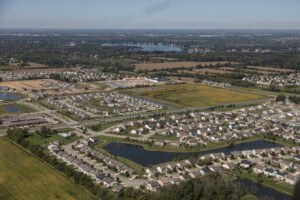 aerial view of suburban sprawl