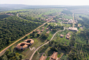 aerial view of an academic campus and surrounding landscape